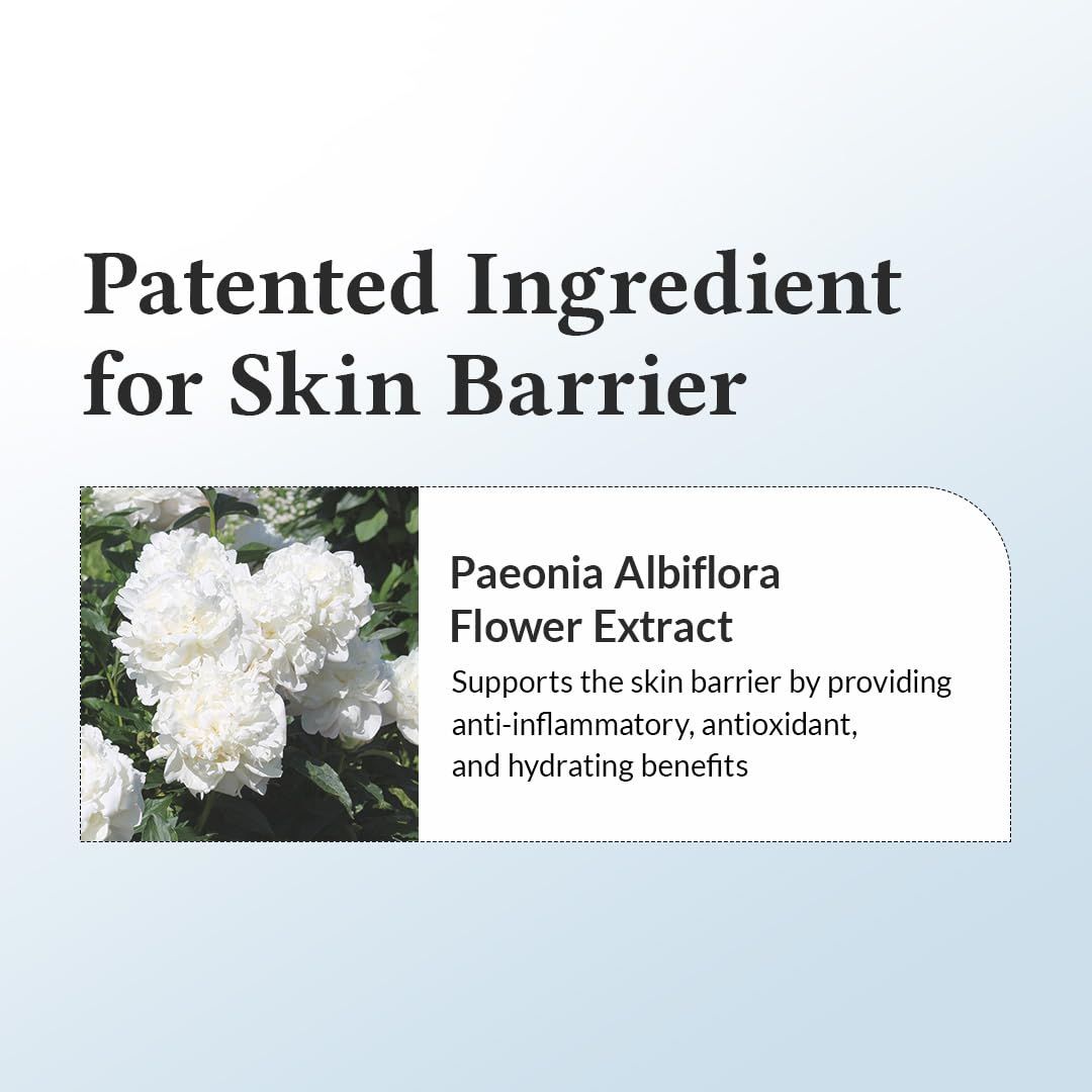 Text: Patentierter Inhaltsstoff für die Hautbarriere. Paeonia Albiflora Flower Extract. Unterstützt die Hautbarriere.