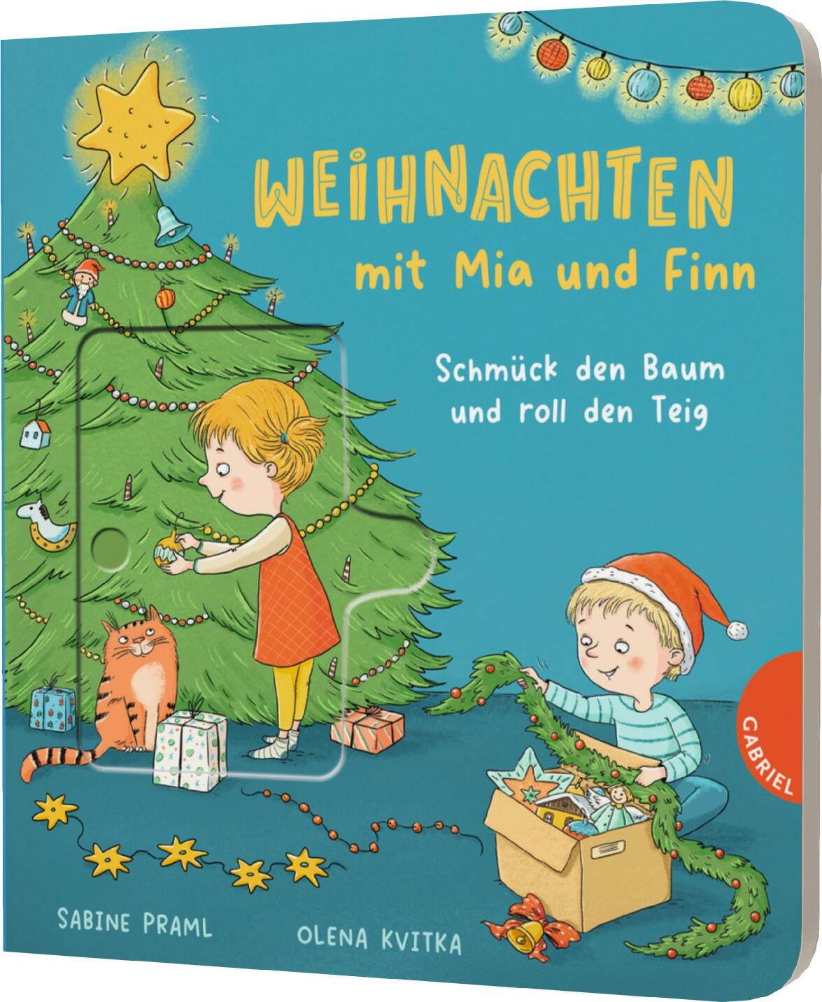 Buch "Weihnachten mit Mia und Finn". Cover mit Illustrationen: Kinder schmücken Weihnachtsbaum. Titel und Autoren sichtbar.