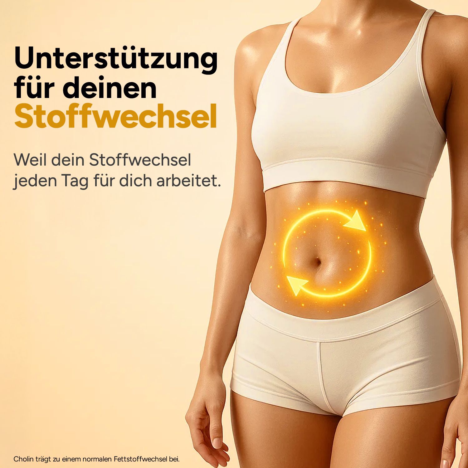 Weiblicher Torso. Gelber Kreis mit Pfeilen um den Bauch. Text: Unterstützung für deinen Stoffwechsel.