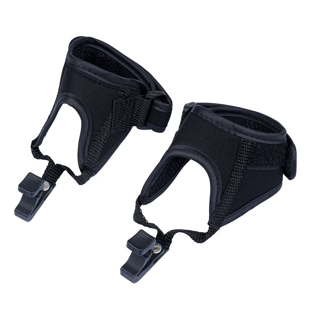 Zwei schwarze Handschlaufen mit Klettverschluss und Clip-Verschlüssen. Die Schlaufen sind aus Stoff gefertigt und haben eine ergonomische Form.
