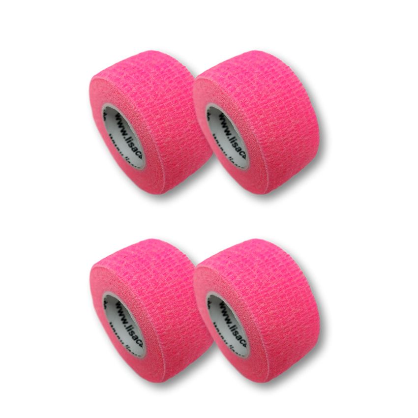 Vier Rollen neonpinkfarbenes Fingerpflaster. Aufschrift: www.lisacare.de.