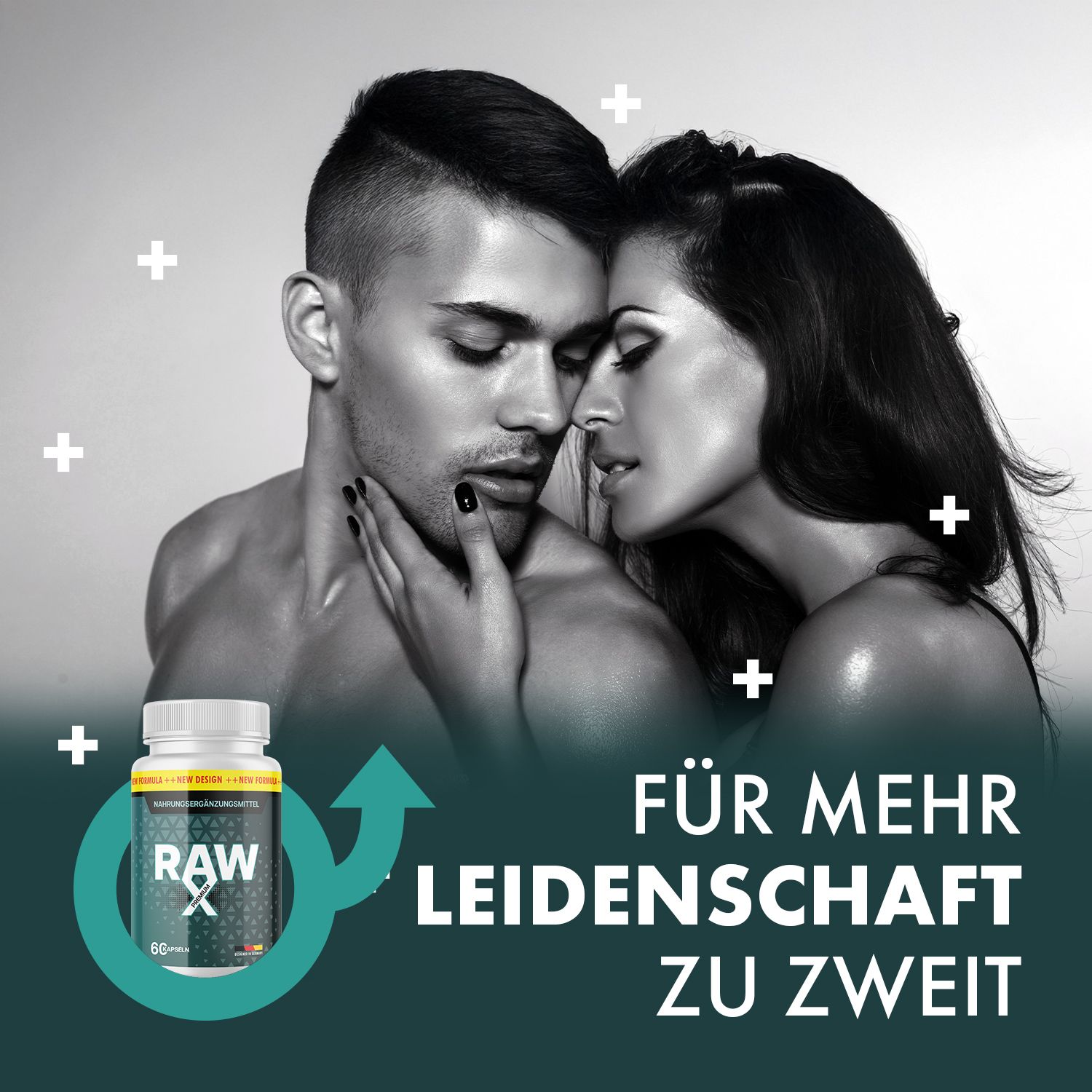 Paar umarmt sich. Flasche RAW X Premium im Vordergrund. Für mehr Leidenschaft zu zweit.