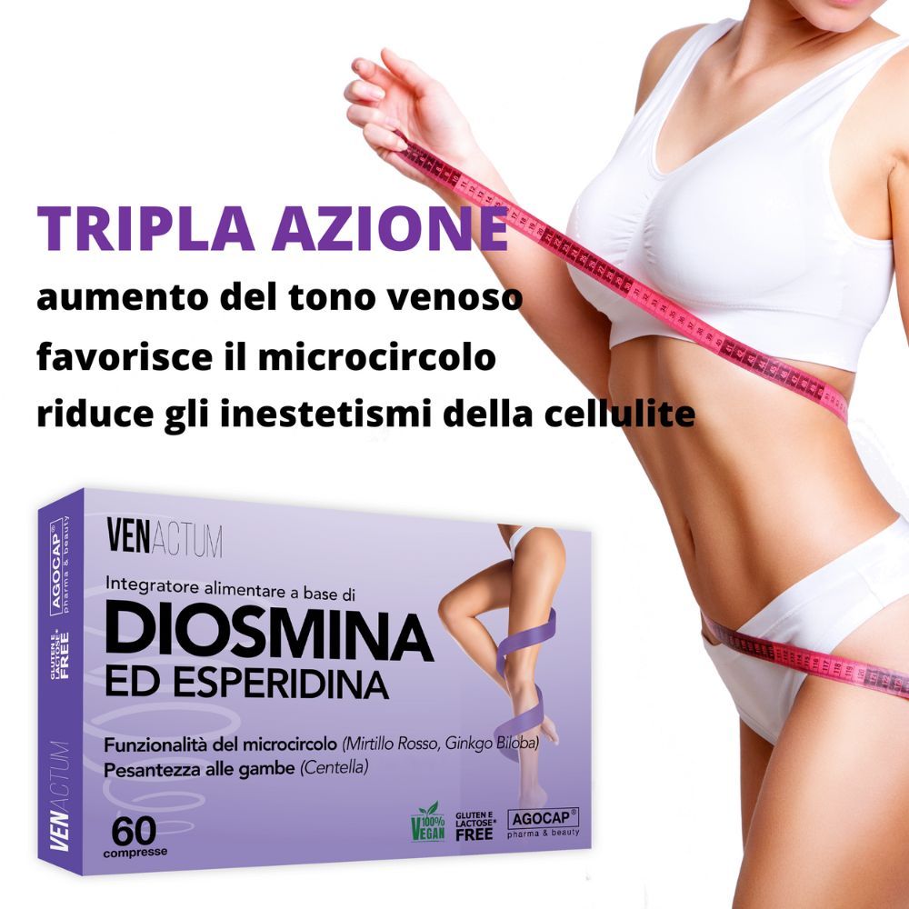 Donna con metro a nastro. Scatola Venactum. Testo: Tripla azione, migliora la microcircolazione. 60 compresse. Vegano.