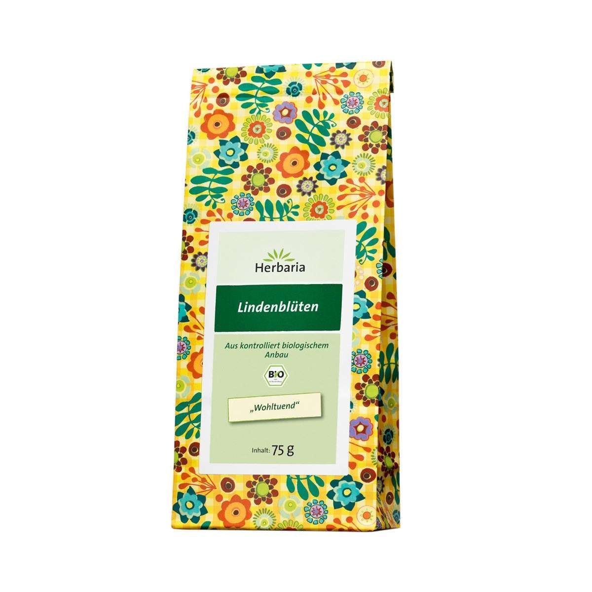 Verpackung mit floralem Muster. Aufschrift "Herbaria Lindenblüten". Bio-Siegel. Inhalt: 75 g.
