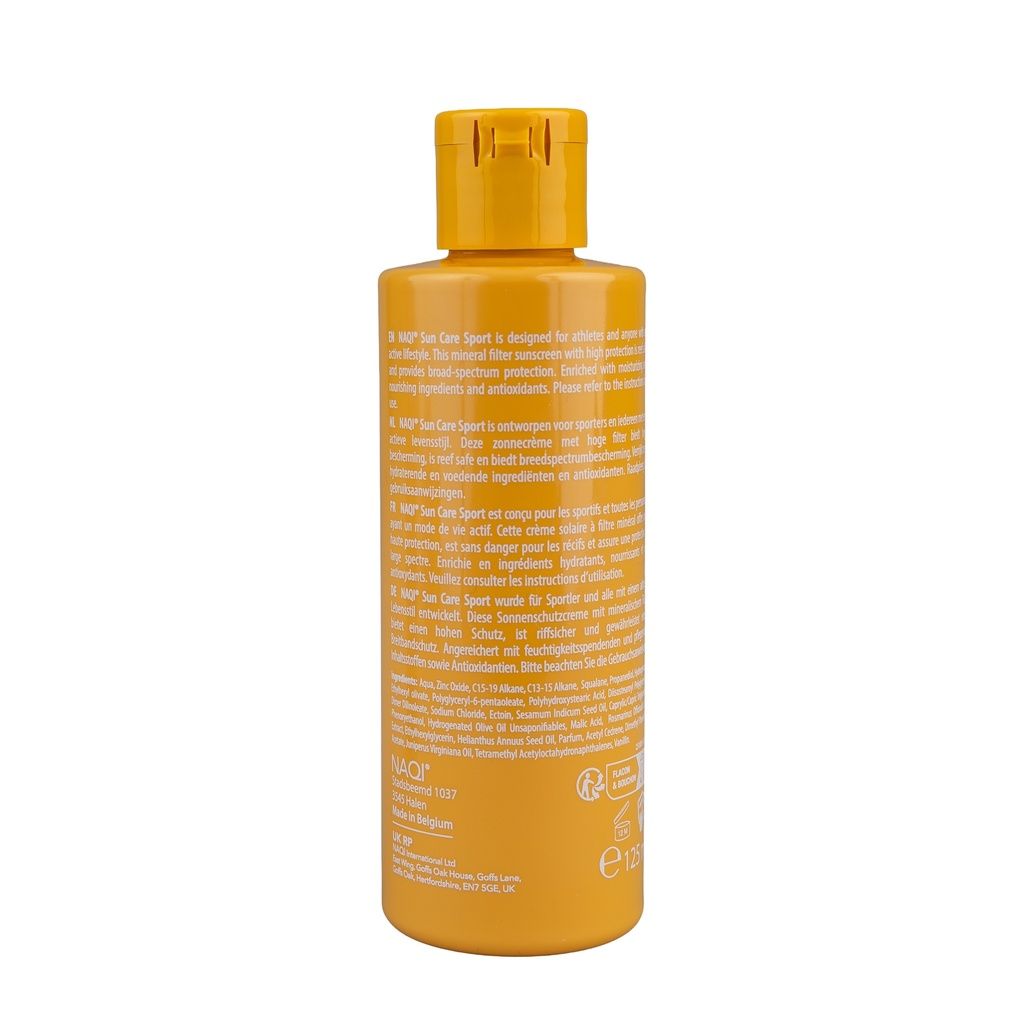 Rückseite der NAQI Sun Care Sport Sonnenschutz SPF 30 Flasche mit Produktinformationen.