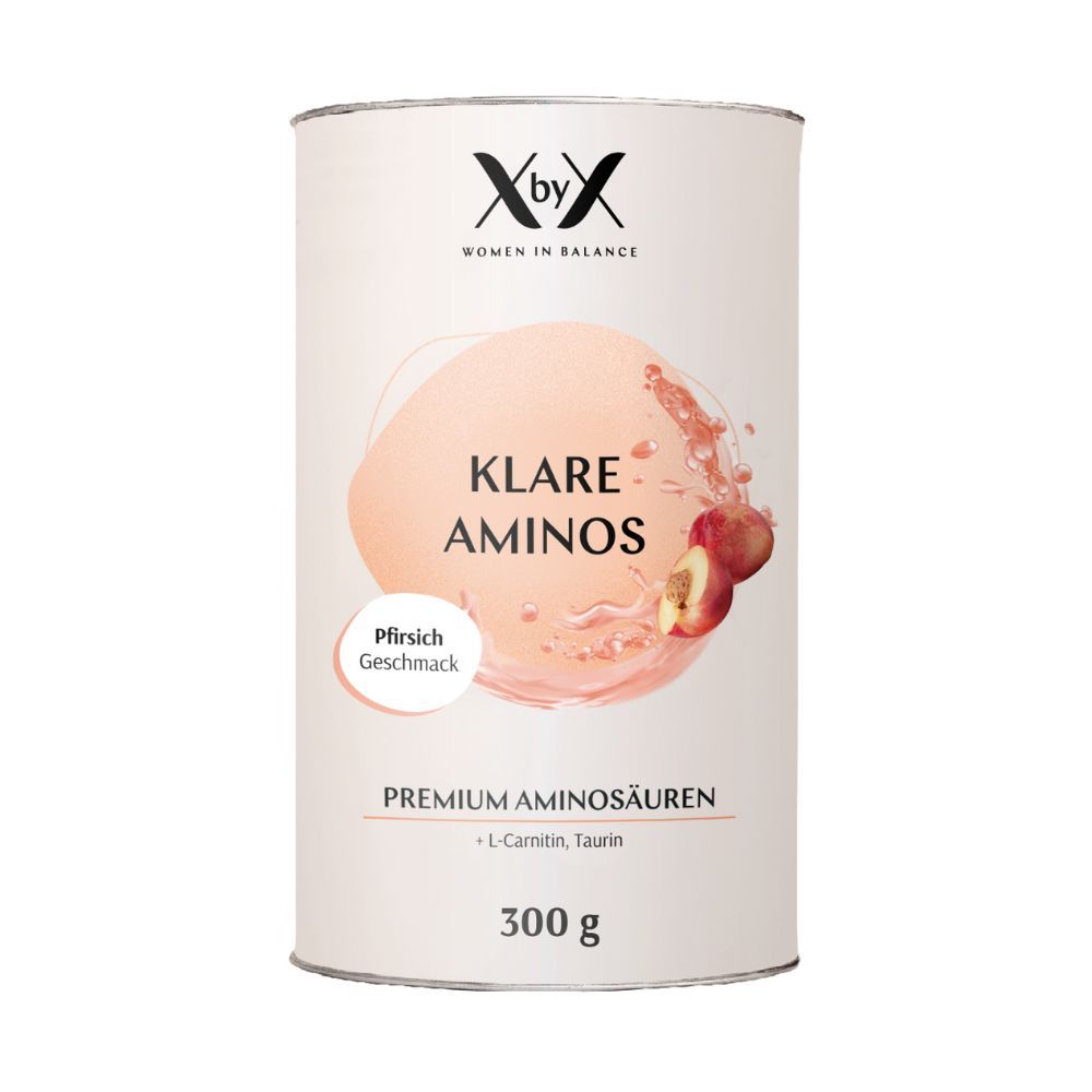 Dose mit "XbyX" und "Klare Aminos". Pfirsich-Geschmack. 300g. Premium Aminosäuren.