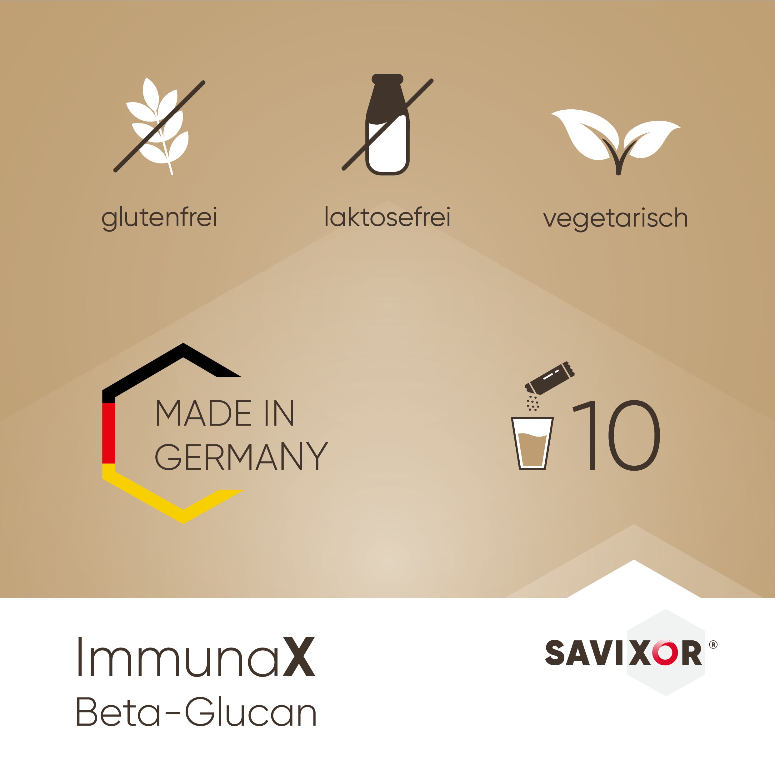 Brauner Hintergrund mit Symbolen. Enthält glutenfrei, laktosefrei, vegetarisch. Marke: Savixor ImmunaX.