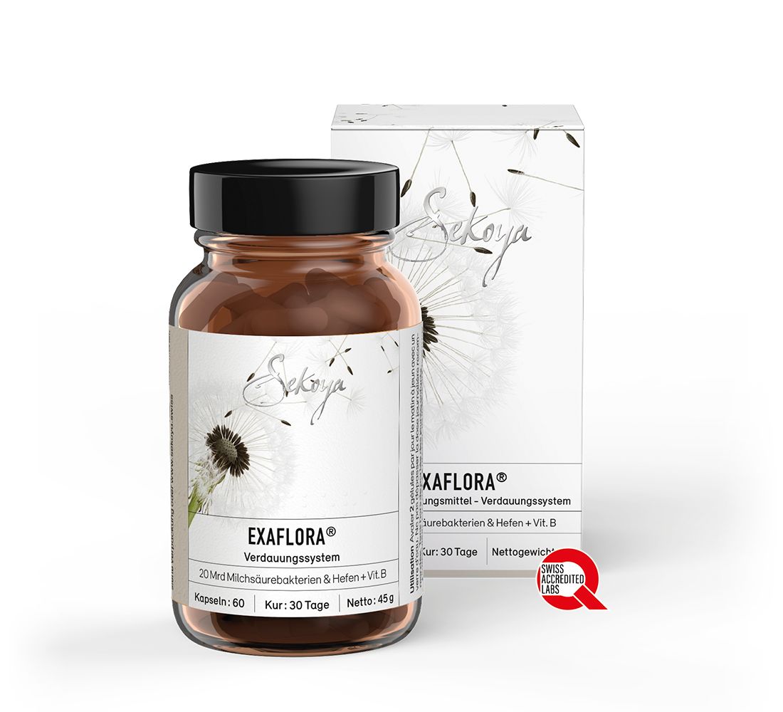 Braune Glasflasche und Karton mit Sekoya Exaflora. Kapseln und Verpackung mit Produktinformationen. Swiss Quality Logo.