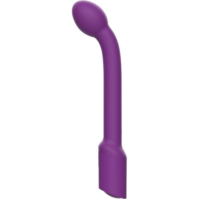 Lila Vibrator mit gebogener Form. Kopf und Basis sind erkennbar.