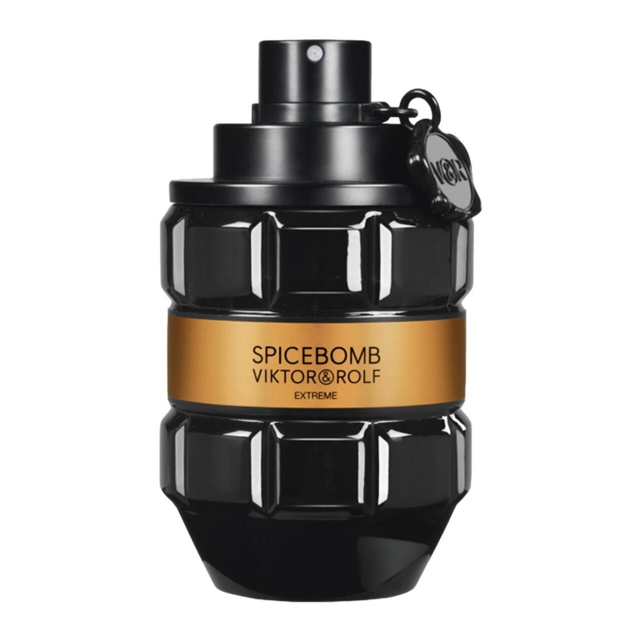 Schwarzer Flakon mit goldfarbenem Band. Aufschrift: SPICEBOMB VIKTOR&ROLF EXTREME. Schwarzer Verschluss.