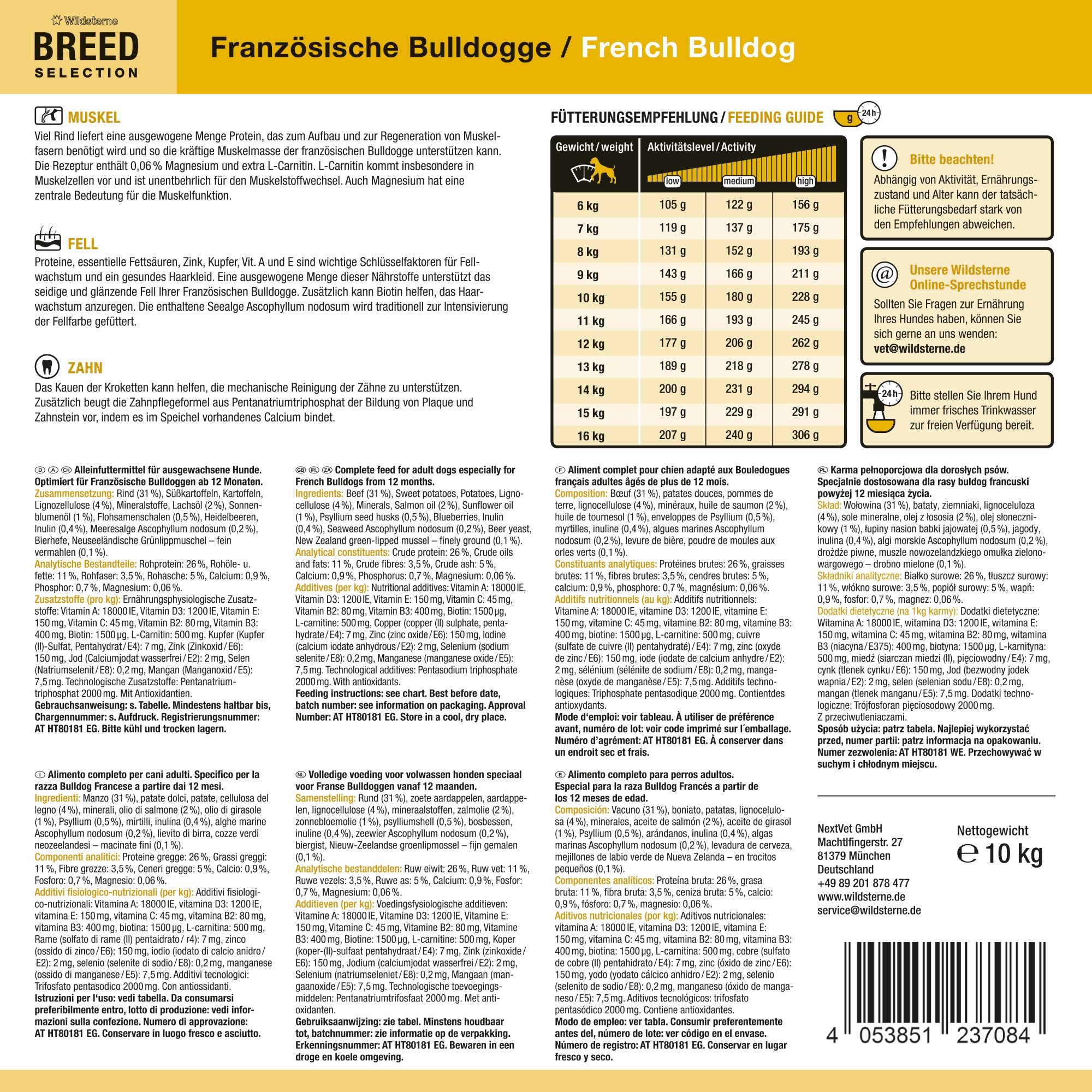 Rückseite eines Hundefutter-Sacks für französische Bulldoggen mit detaillierten Informationen.