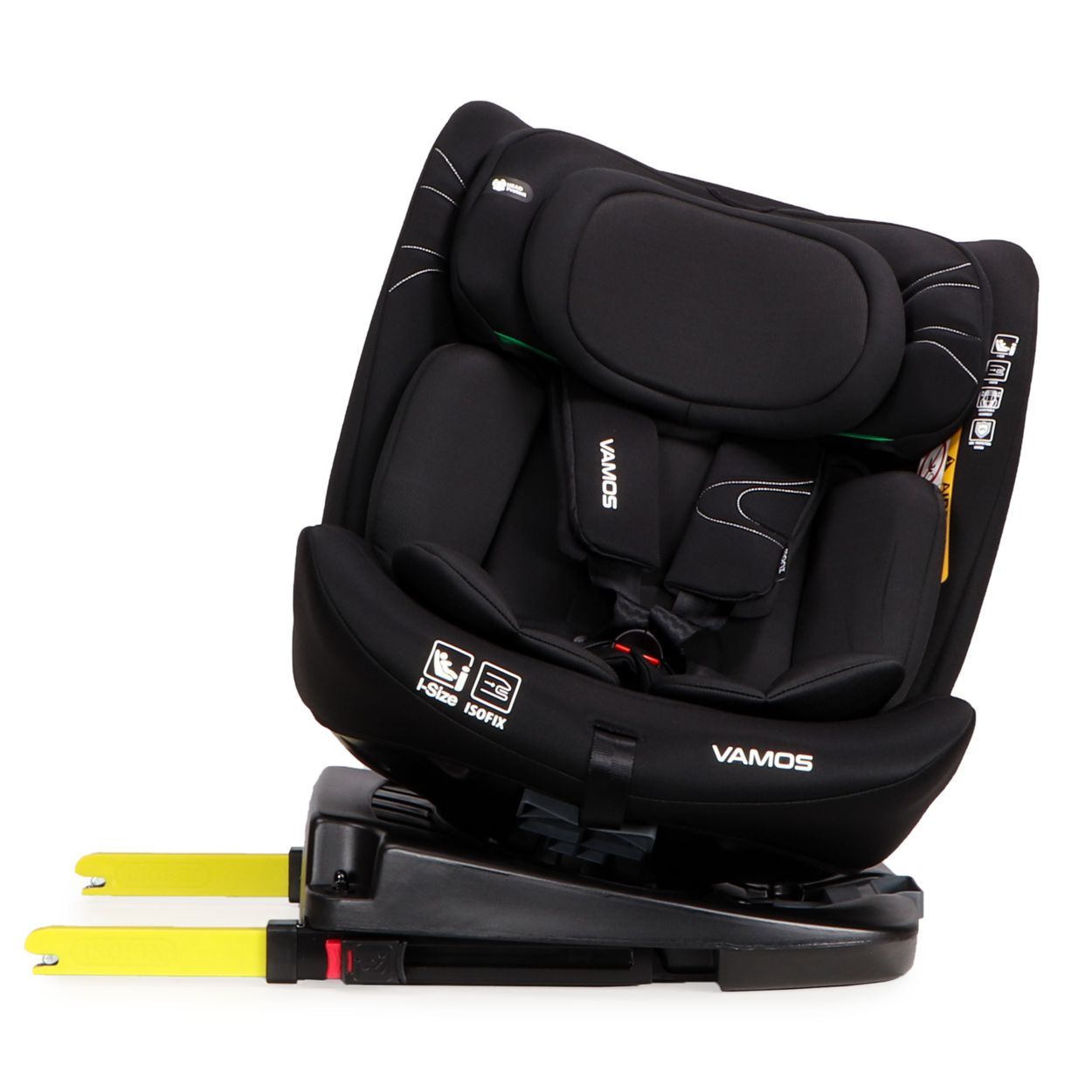 Schwarzer Kindersitz mit Isofix-Haken und verstellbarer Kopfstütze.