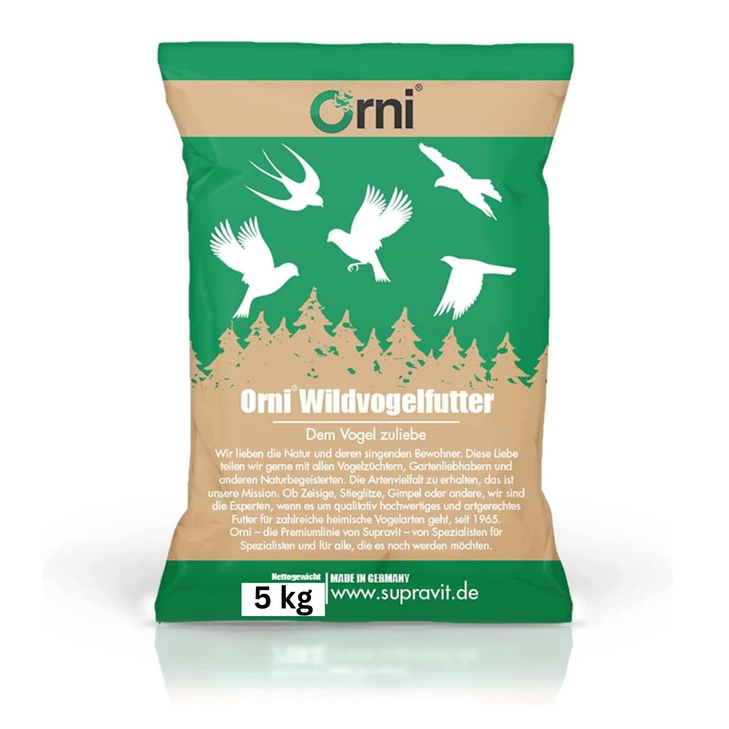 Beutel mit Orni Wildvogelfutter. Text: 5 kg, Made in Germany, www.supravit.de. Abbildung von Vögeln.