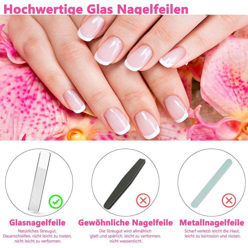Glasnagelfeile, schwarze und blaue Nagelfeilen. Text: Hochwertige Glas Nagelfeilen. Natürliches Streugut, nicht rostend, nicht verformbar.