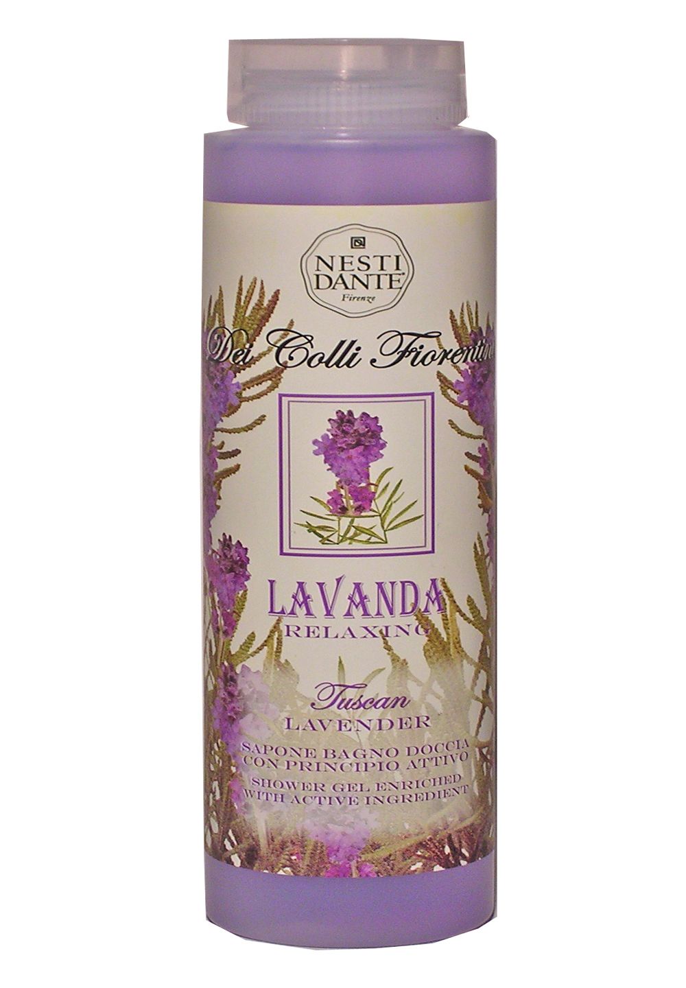 Flasche Duschgel mit lila Flüssigkeit. Aufschrift: LAVANDA, Tuscan Lavender. Marke: NESTI DANTE.