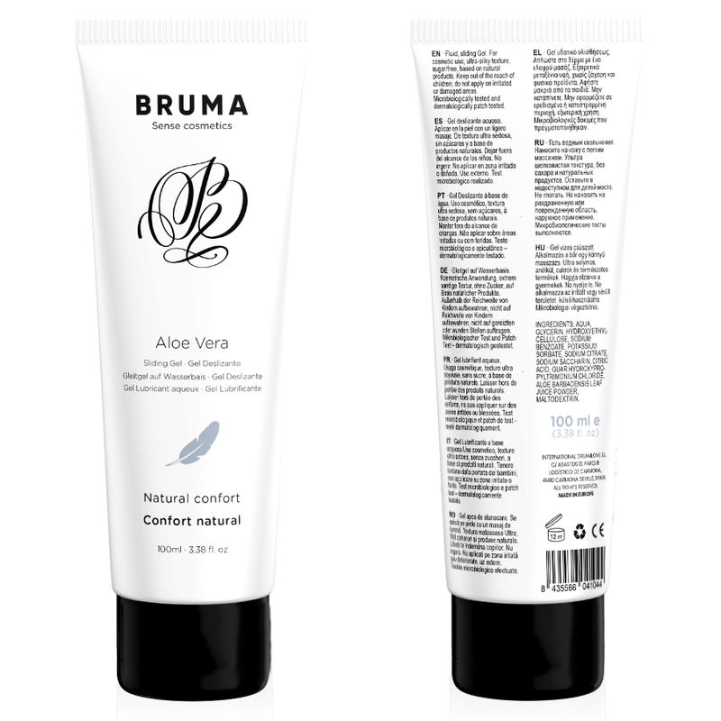 Weiße Tube mit schwarzem Deckel. Aufschrift BRUMA, Aloe Vera, Gleitgel, Natural confort. Rückseite mit Inhaltsstoffen und Text.