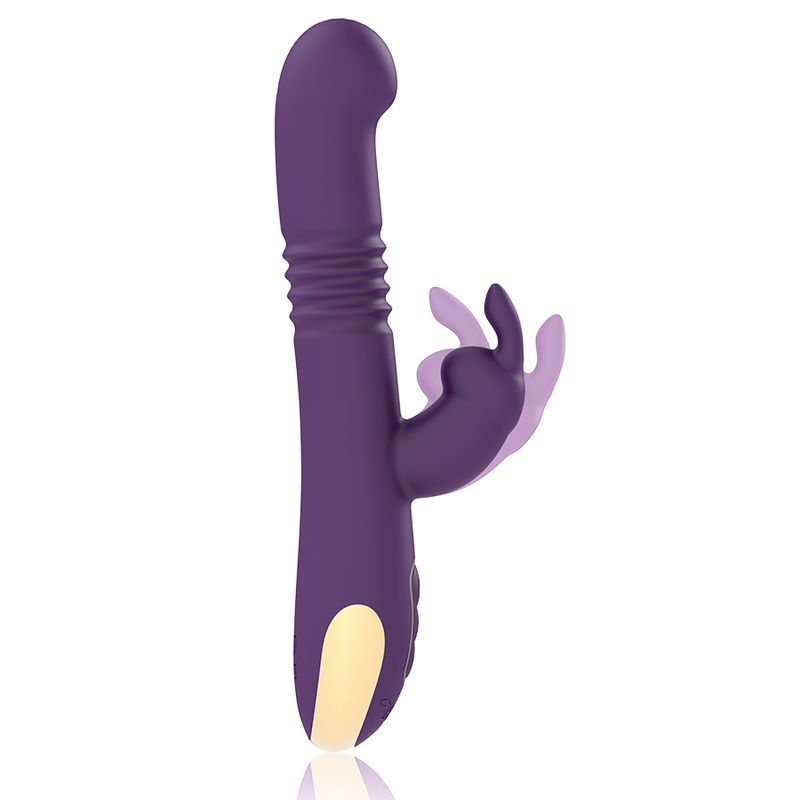 Lila Vibrator mit Kaninchenohren. Geriffelte Oberfläche. Goldfarbene Akzente. Bedienfeld mit Knöpfen.