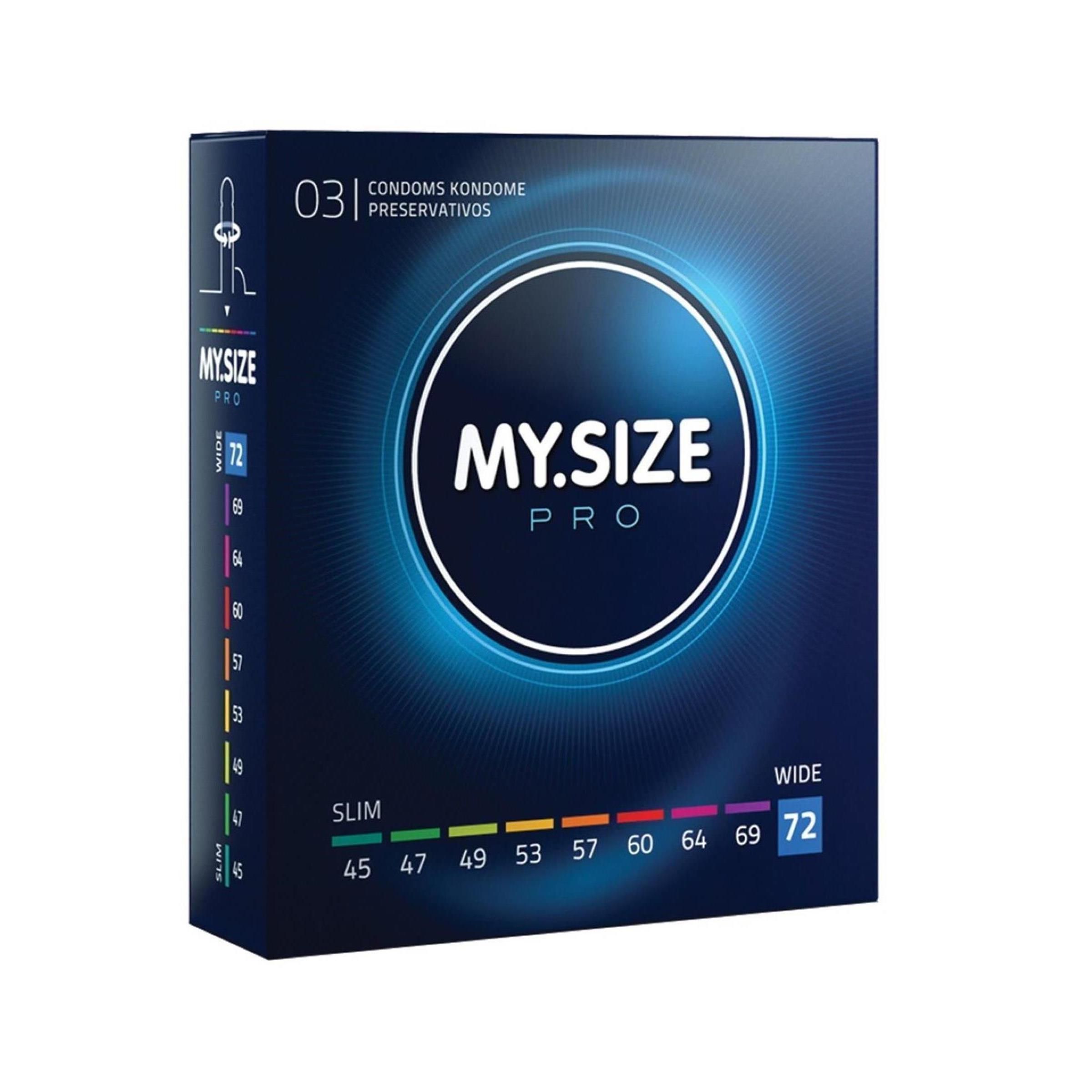 Verpackung von MY.SIZE PRO Kondomen. Blaue Schachtel mit Produktnamen und Größenangaben. Größe 72mm ist hervorgehoben.