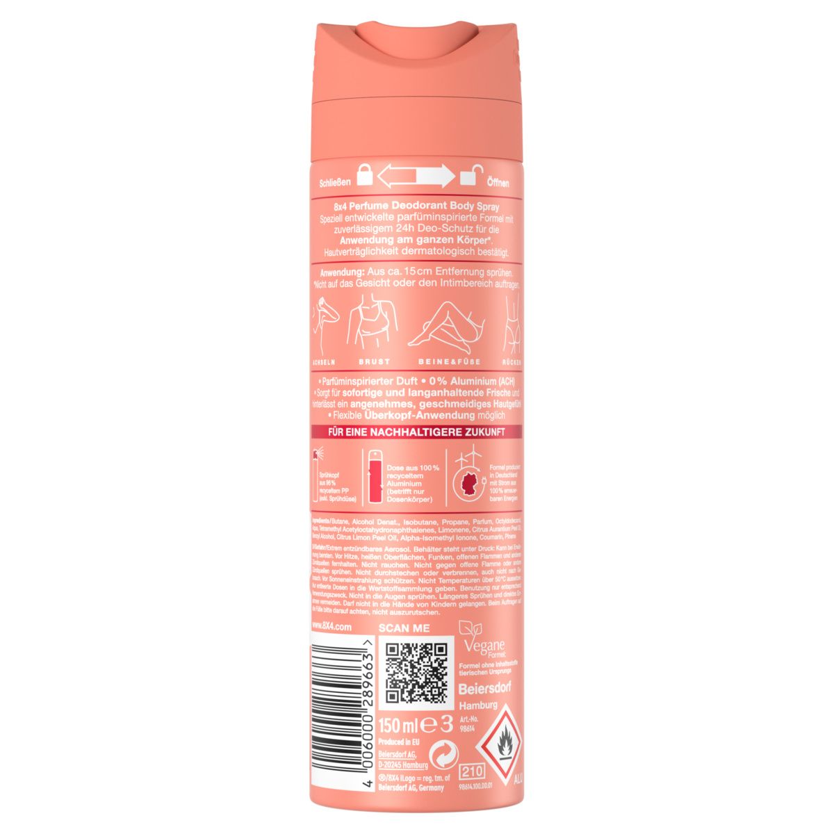 Rückseite einer Dose 8X4 Body Spray Coral Charm. Zeigt Anwendungshinweise und Inhaltsstoffe.