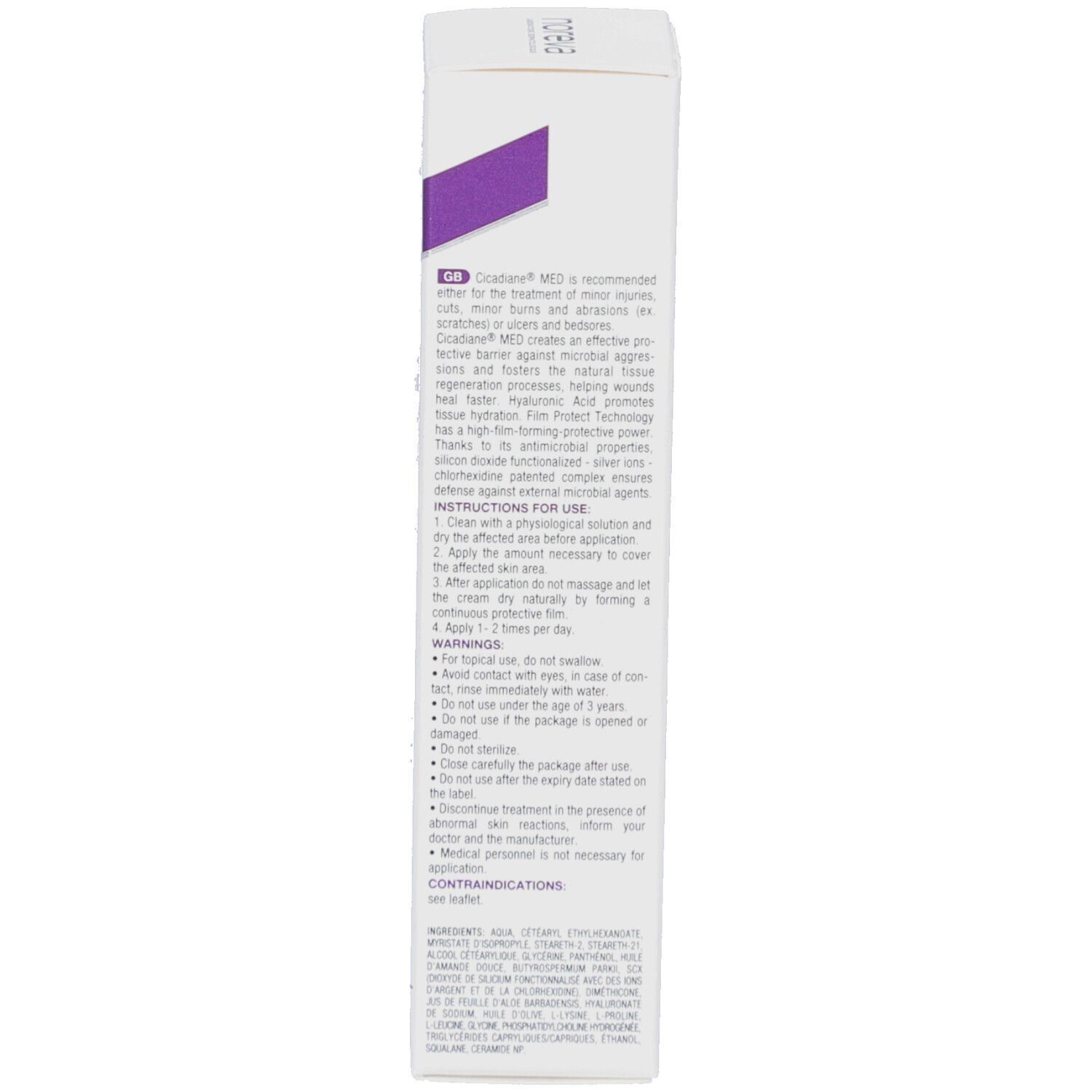 Rückseite der Noreva Cicadiane MED Faltschachtel mit Produktinformationen und Anwendungshinweisen.