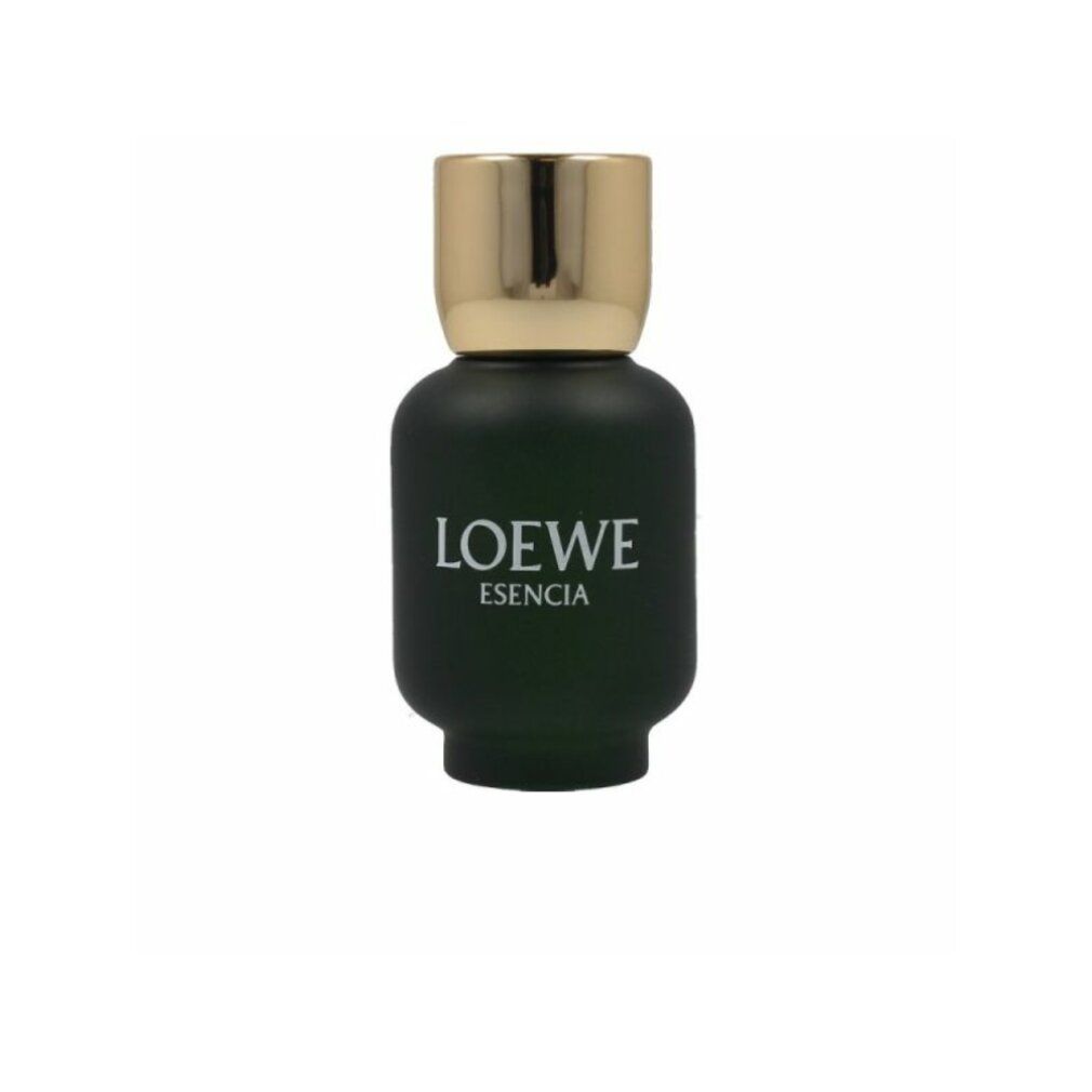 Grüne Flasche mit goldenem Verschluss. Auf dem Etikett steht LOEWE ESENCIA.