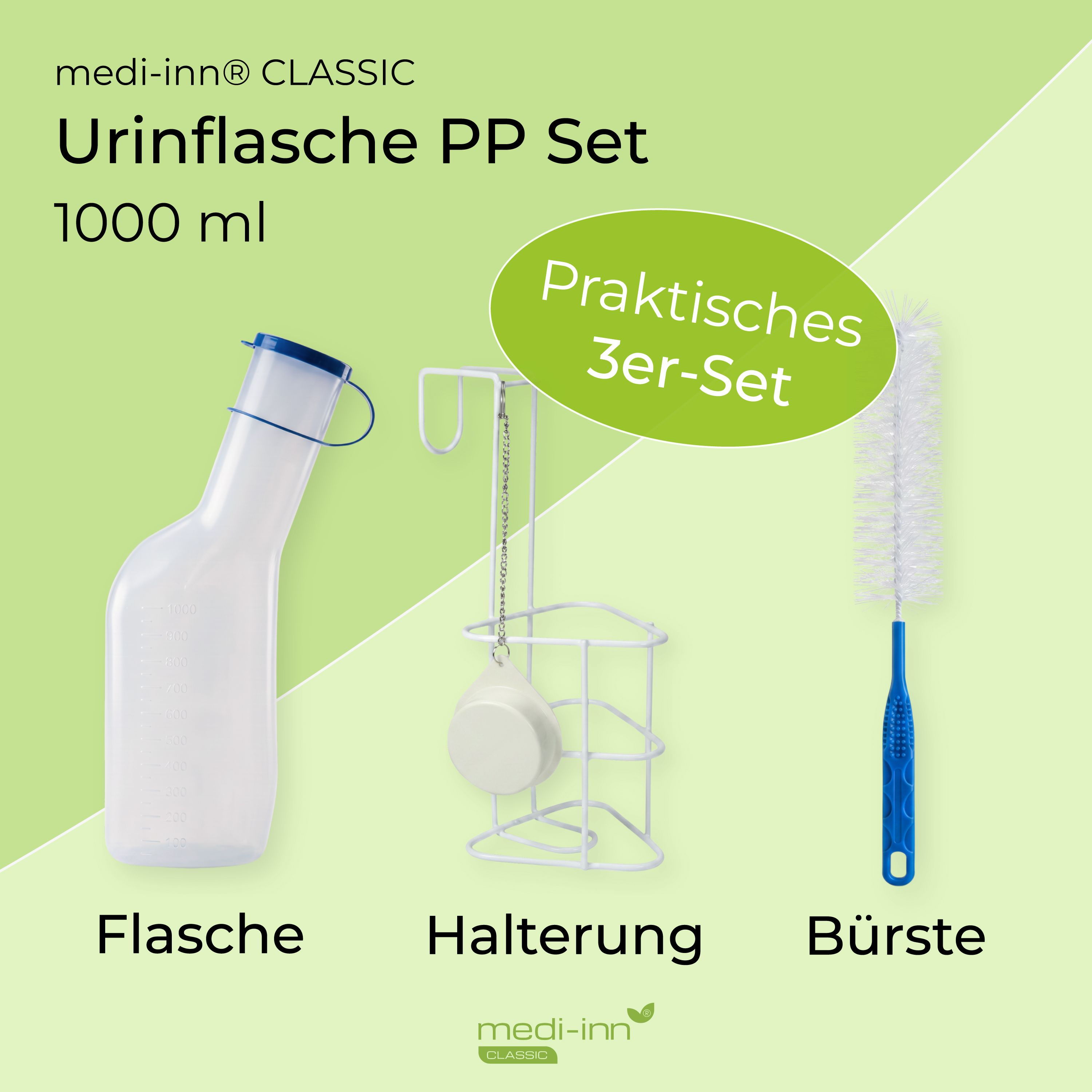 Medi-Inn Urinflasche PP Set 1000 ml: Flasche, Halterung, Bürste. 'Praktisches 3er-Set' Aufdruck.