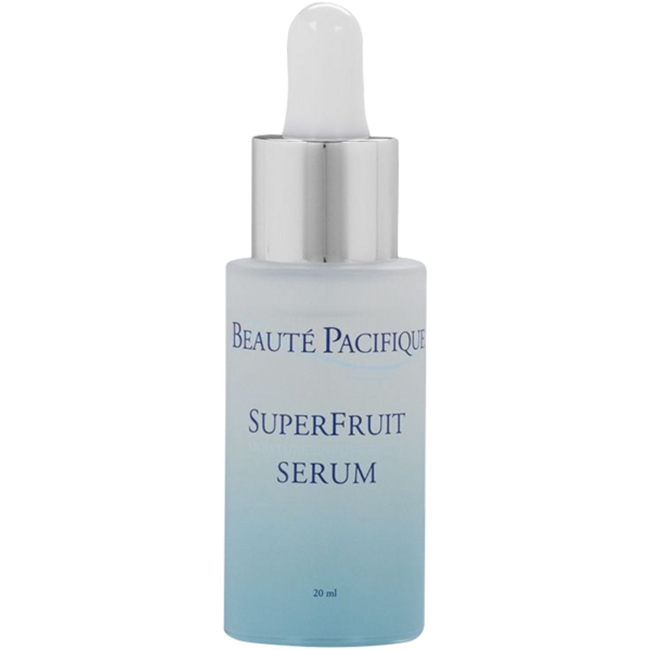 Beauté Pacifique Superfruit Serum Flasche mit Pipette. Blassblaues Glas, silberne Kappe. Schriftzug.