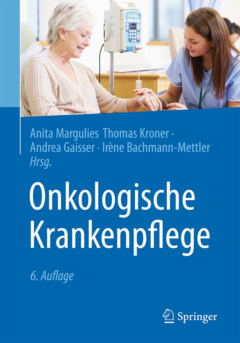 Buchcover: Onkologische Krankenpflege. Titel und Autoren auf blauem Hintergrund. Eine ältere Frau erhält Infusion, Krankenschwester assistiert.