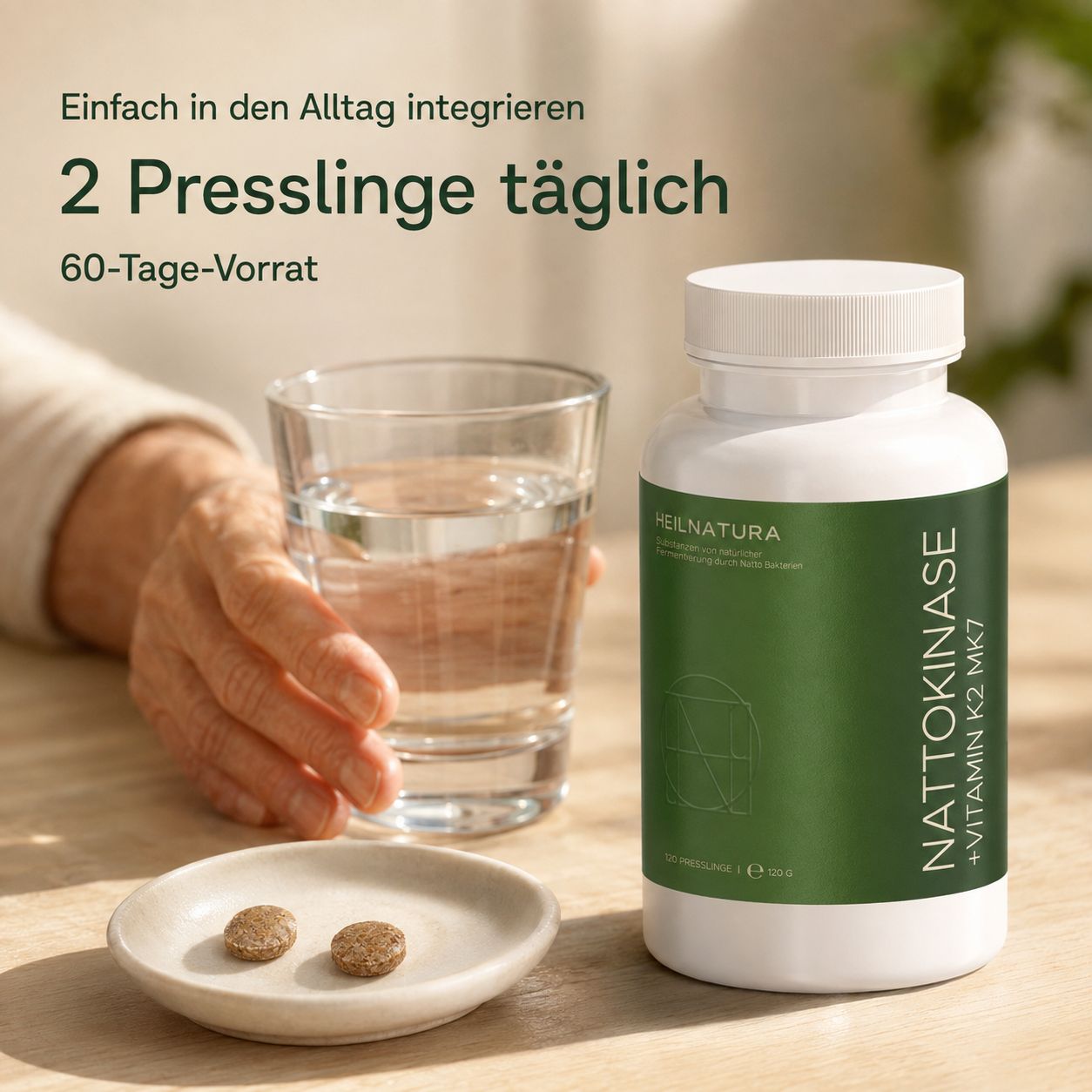 Hand reicht nach einem Glas Wasser, daneben Dose Nattokinase + Vitamin K2 MK7 und zwei Presslinge.