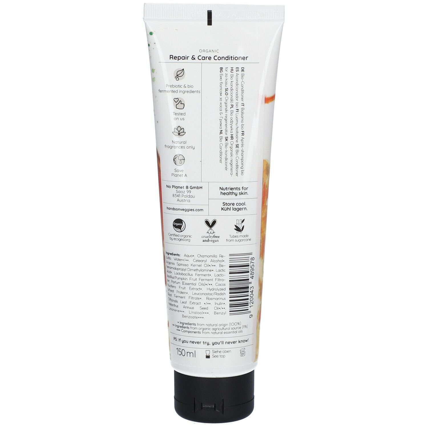 Tube mit Conditioner. Text: Repair & Care Conditioner Kürbis & Argan. Bio-Siegel. Vegan-Logo. 150ml.