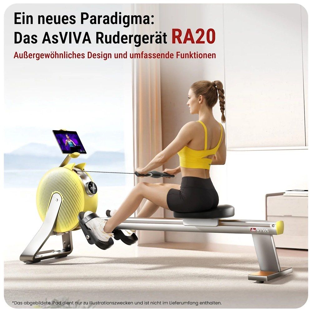 Frau trainiert auf AsVIVA Rudergerät PowerGen RA20 mit Tablet. Gelbes Gerät.