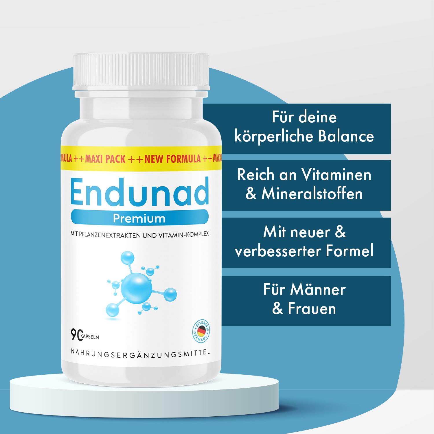 Eine weiße Flasche Endunad Premium Kapseln. Text: Für deine körperliche Balance, reich an Vitaminen & Mineralstoffen, für Männer & Frauen.