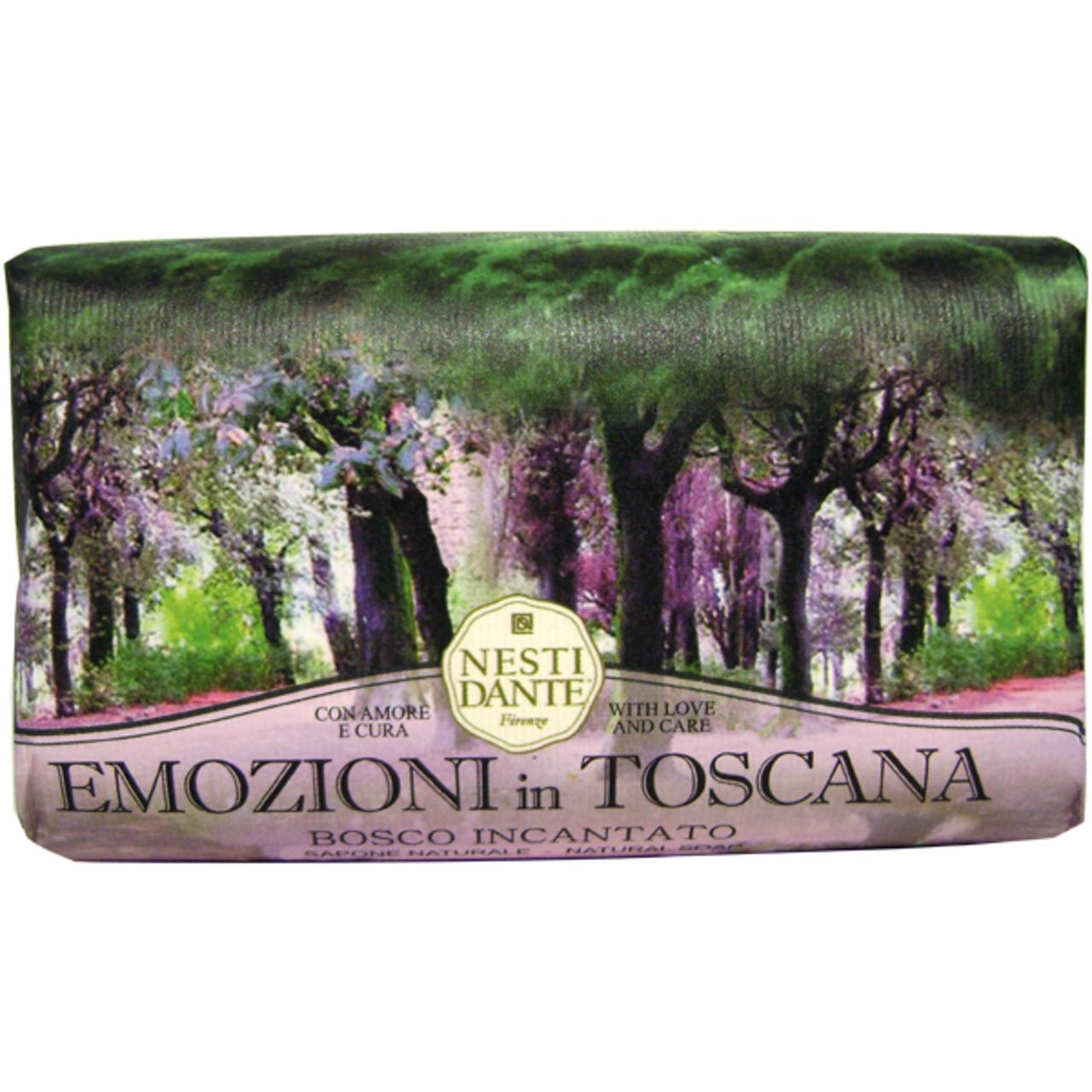 Savon avec motif de paysage. Texte: Emozioni in Toscana, Bosco Incantato, Nesti Dante. Avec amour et soin.