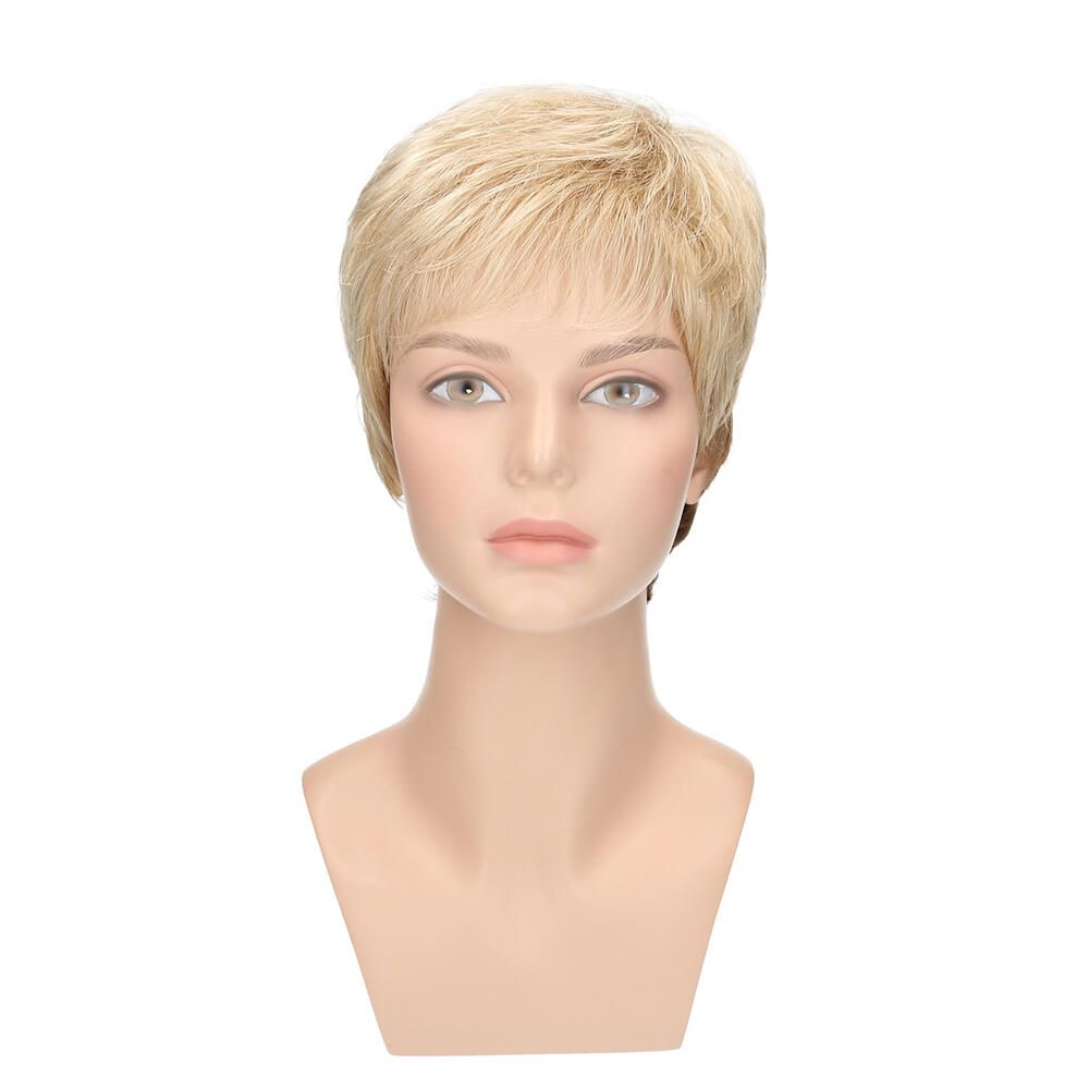 Perücke Sam von trendhair. Blondes, kurzes Haar auf einer Schaufensterpuppe. Frontansicht.