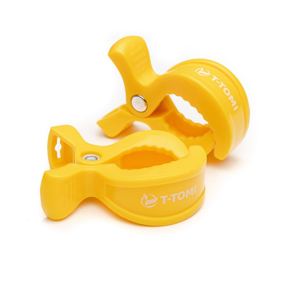 Zwei gelbe T-Tomi Clips mit geriffelten Griffen und dem T-Tomi Logo.