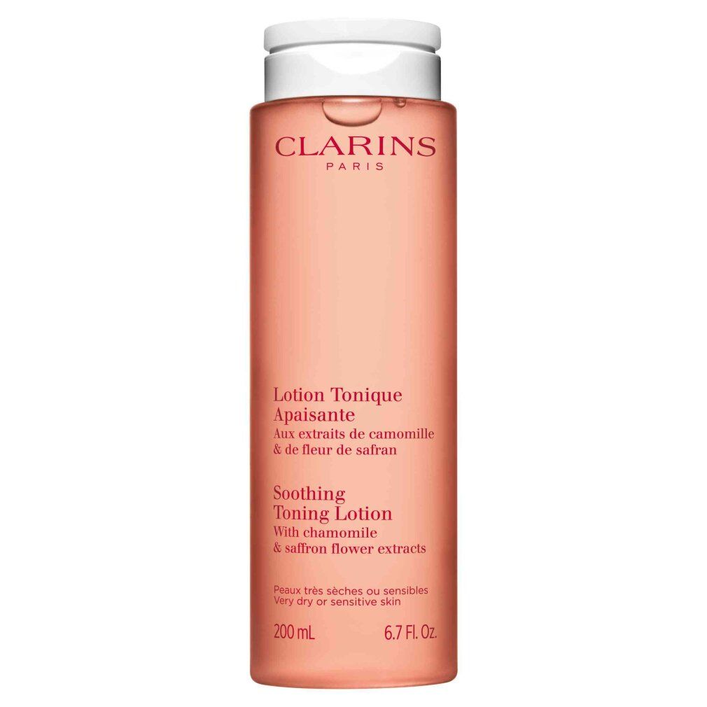 Clarins Beruhigende Tonic Lotion in einer durchsichtigen rosa Flasche mit weißem Klappdeckel. 200 ml.