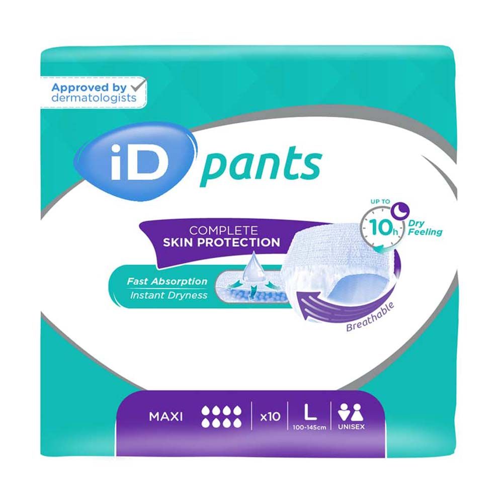 Verpackung von iD Pants Maxi L. Aqua-farbener Hintergrund. Produktname und Eigenschaften sind auf der Verpackung angegeben. Größe L, unisex.
