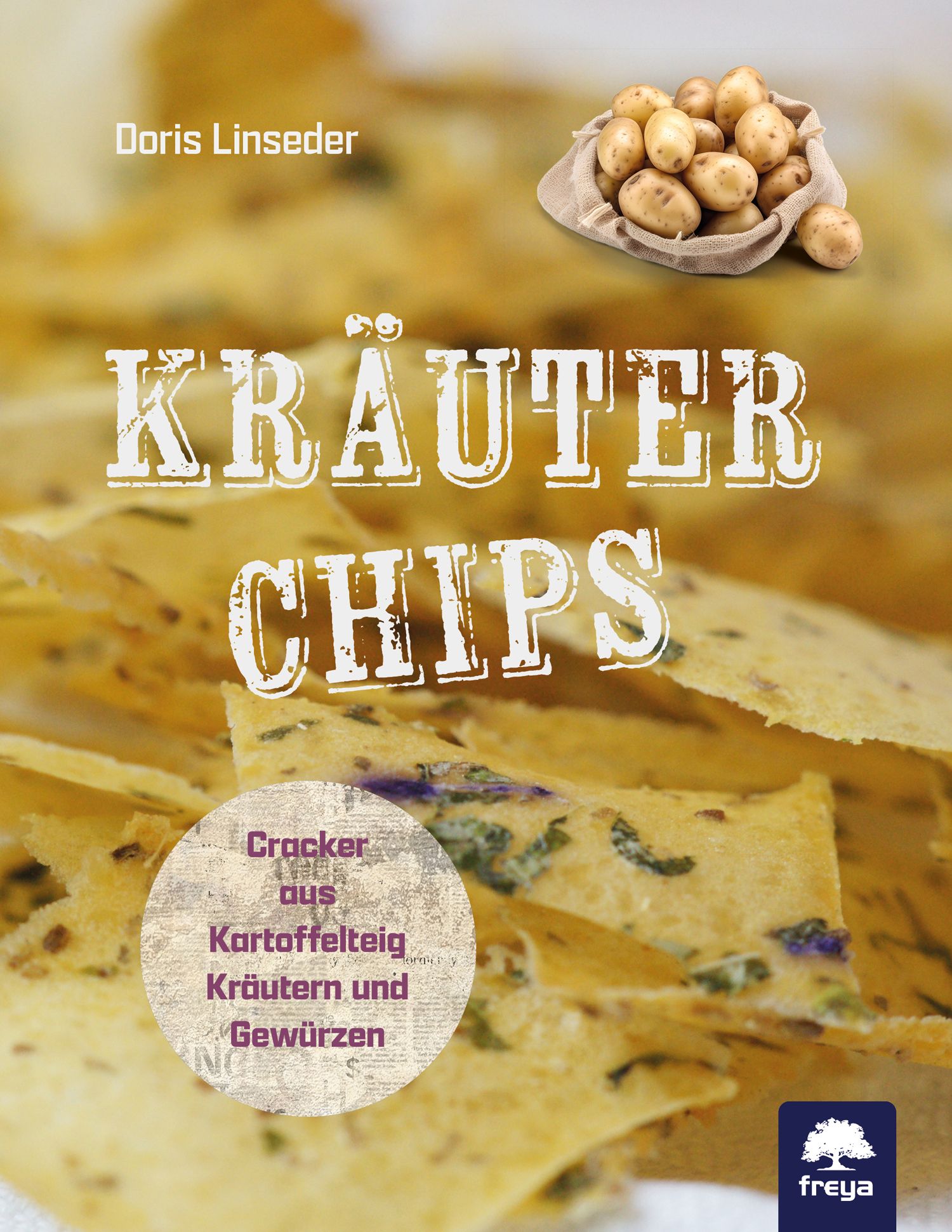 Kräuter-Chips. Knusprige Cracker aus Kartoffelteig, Kräutern und Gewürzen. Kartoffeln in einem Sack. Freya-Logo.