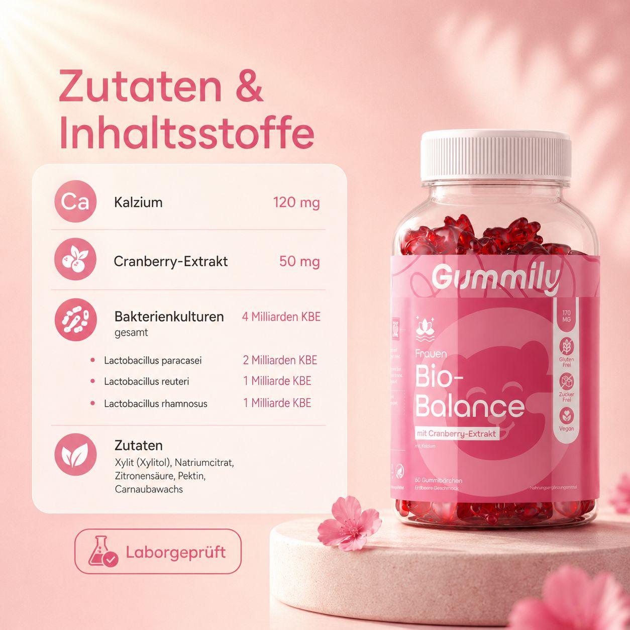 Gummily Frauen Bio-Balance Gummies: Kalzium, Cranberry-Extrakt, Bakterienkulturen.