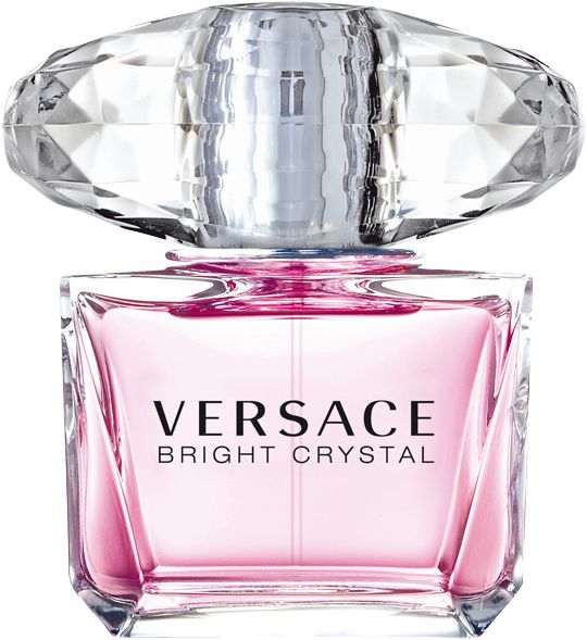 Versace Bright Crystal Eau De Toilette Flakon mit rosa Flüssigkeit und facettiertem Verschluss.
