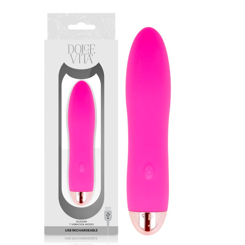 Pinkfarbener Silikon-Vibrator mit goldfarbenem Ende. In Verpackung mit Produktnamen und USB-Ladeanschluss.