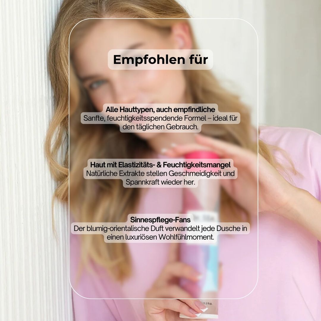 Frau hält Flasche. Text: Empfohlen für alle Hauttypen, Haut mit Elastizitäts- & Feuchtigkeitsmangel, Sinnespflege-Fans. Dr. SEA, Moisturising Shower Gel.
