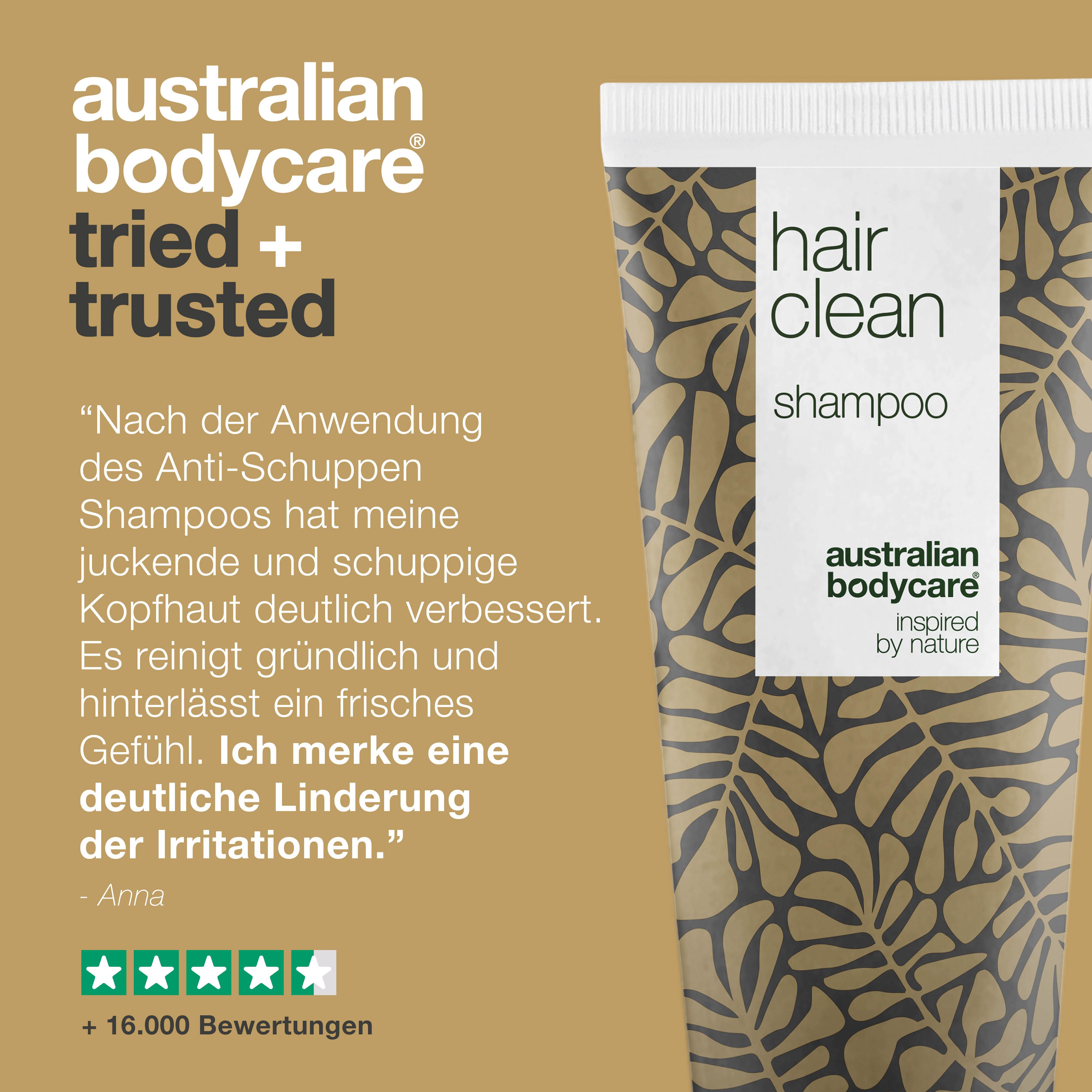 Tuben-Produkt. Aufschrift: hair clean shampoo, australian bodycare.