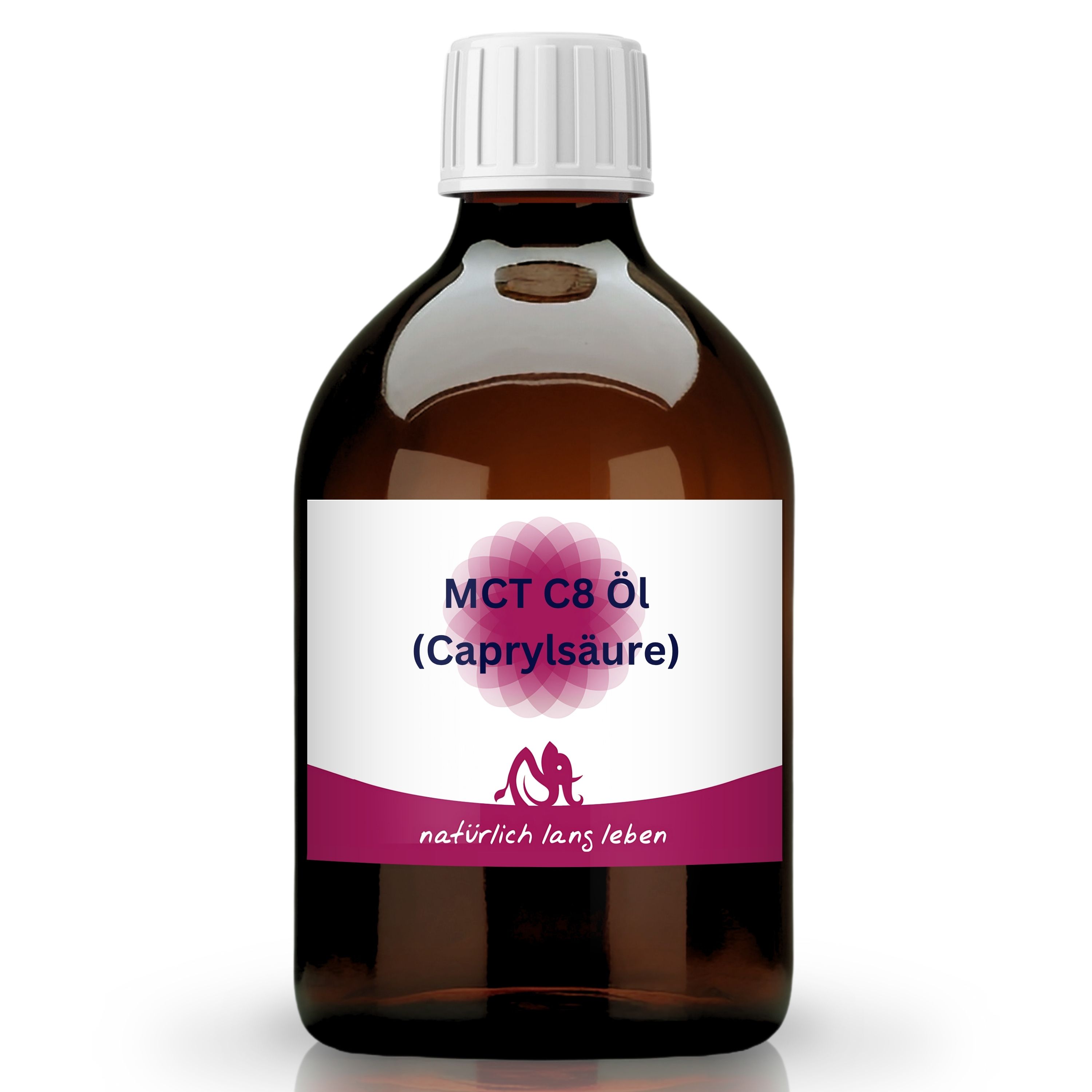 Braune Glasflasche mit weißem Etikett. Aufschrift: MCT C8 Öl (Caprylsäure). Logo und Schriftzug: natürlich lang leben.