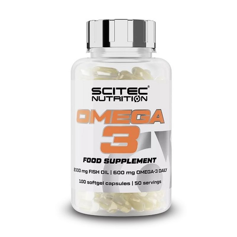 Scitec Nutrition Omega 3 in einer transparenten Flasche. Kapseln sichtbar. Produktbezeichnung und Angaben auf dem Etikett.
