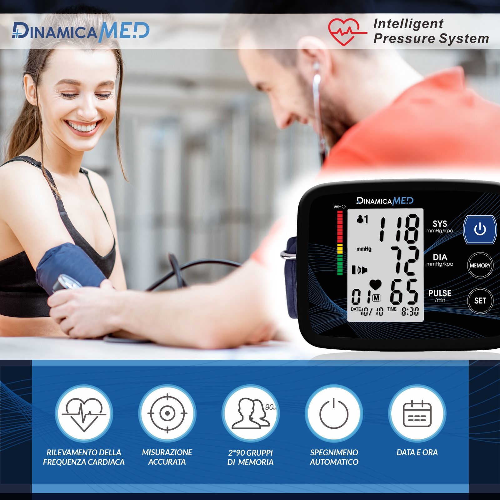 Digitales Blutdruckmessgerät mit Manschette und beleuchtetem Display, das systolischen, diastolischen Blutdruck und Puls anzeigt.