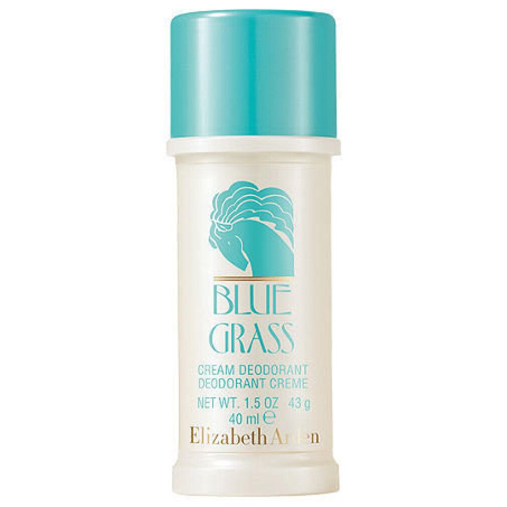 Deodorant-Stick. Weißer Behälter mit blauem Deckel. Aufschrift: Blue Grass, Cream Deodorant Creme, Elizabeth Arden.