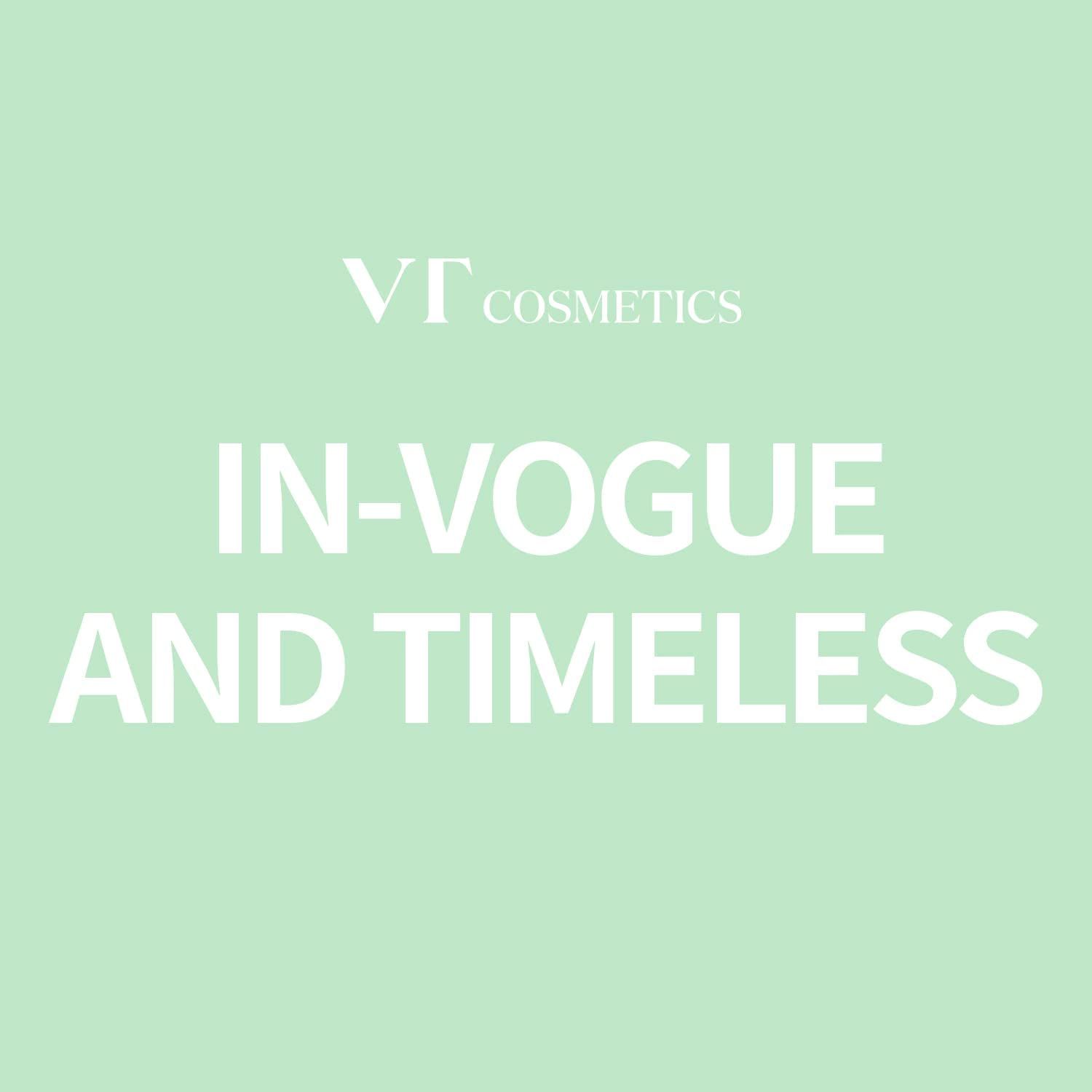 Text auf hellgrünem Hintergrund: VT Cosmetics. In-Vogue und Zeitlos.