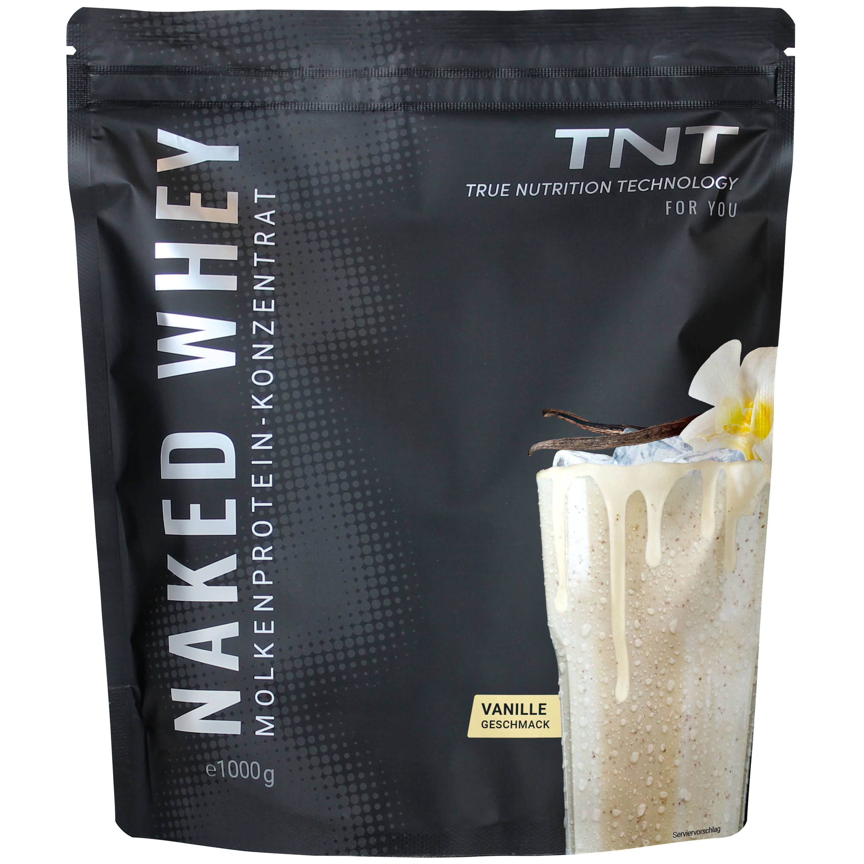 Schwarze Verpackung mit TNT Naked Whey. Aufdruck: Molkenprotein-Konzentrat, Vanille-Geschmack, e1000g. Glas mit Shake.