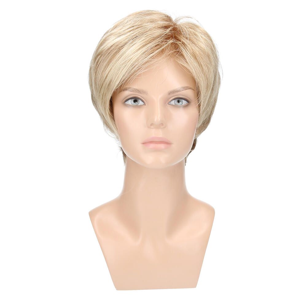 Perücke AMSTERDAM Comfort, Honigblond gesträhnt, auf einem Schaufensterkopf. Frontansicht.